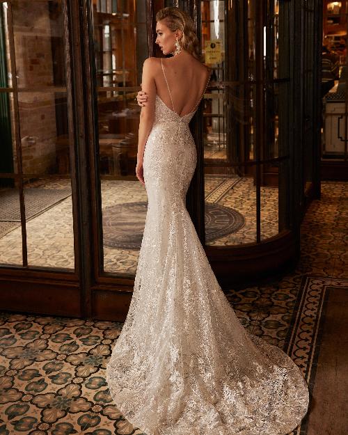 La22231 fitted backless wedding dress with lace and spaghetti straps1